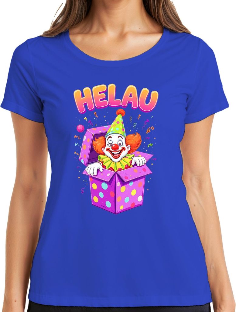 HELAU Karneval Clown Konfetti Geschenkbox rote Nase lustig Damen T-Shirt, Blau, XL