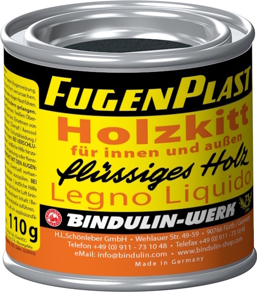 Wasserfester Holzkitt Fugenplast Füssigholz 110 g Metalldose Farbe: schwarz für den Innen- und Außenbereich inkl. Spachtel und Pinsel