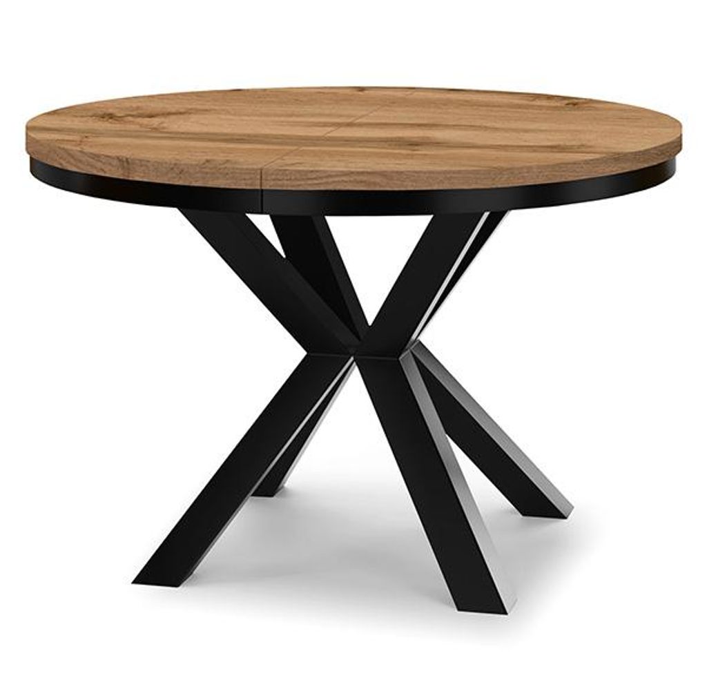 A round dining table with a wooden top and black metal legs.