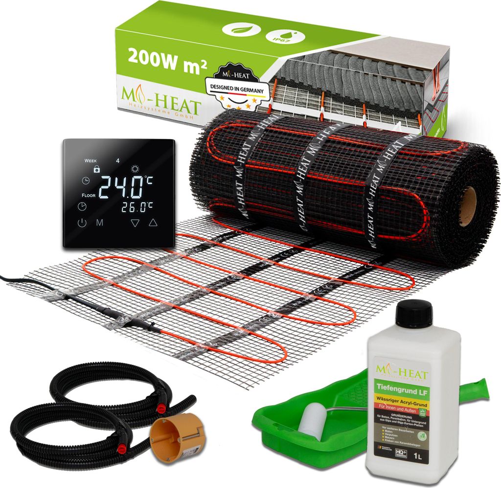 Elektrische Fußbodenheizung Dünnbettheizmatte 200Watt Komplett Set Thermostat Fliesen 2,0m²