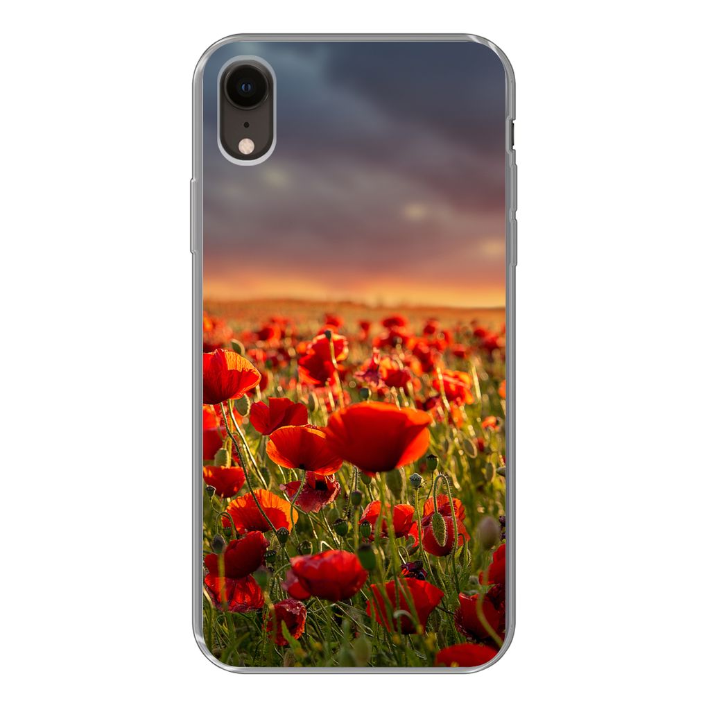 MuchoWow Handyhülle Schutzhülle Hülle für iPhone XR Sonnenuntergang über einem Feld von Mohnblumen Silikon Softcase Handy Hülle - Schutzdeckel