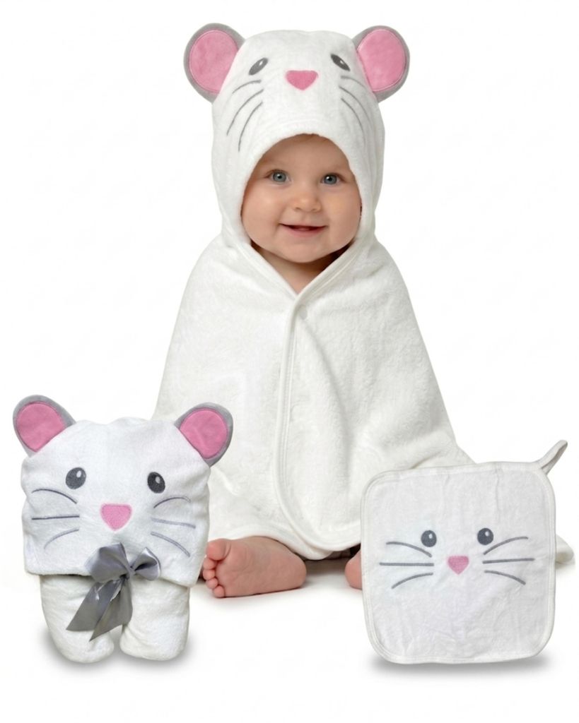 HECKBO Ręcznik z kapturem dla niemowląt z myszką i myjką | Zdjęcie produktu  Obraz wygenerowany przez AI