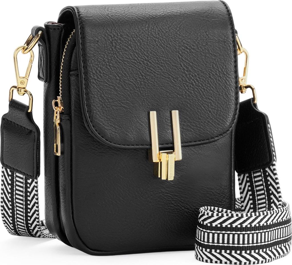 INF Breiter Schultergurt Damen Umhängetasche Kunstlederhandtasche für Handy Schwarz