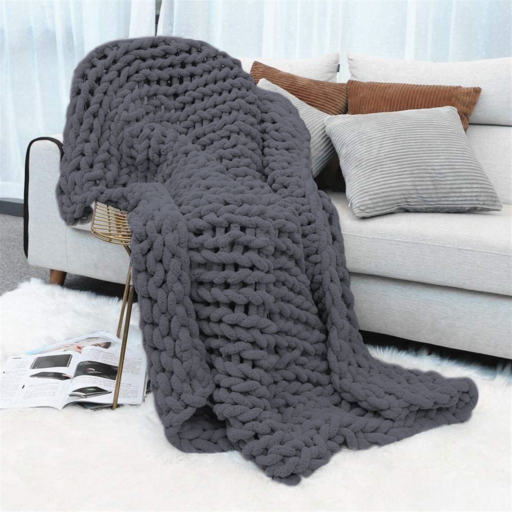 Gestrickte Decke Chenille Garn Handgefertigt Strickdecke Tagesdecke Haustier Bett Stuhl Sofa Arm Stricken Sperrig Decke Zuhause Dekor Geschenk, Gra...