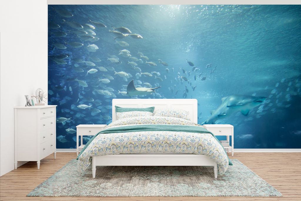 MuchoWow Fototapete für Wohnzimmer oder Schlafzimmer Wandtapete Vinyl Motivtapete Ein großes Aquarium mit Tieren aus dem Mittelmeer. - 535x300 ...