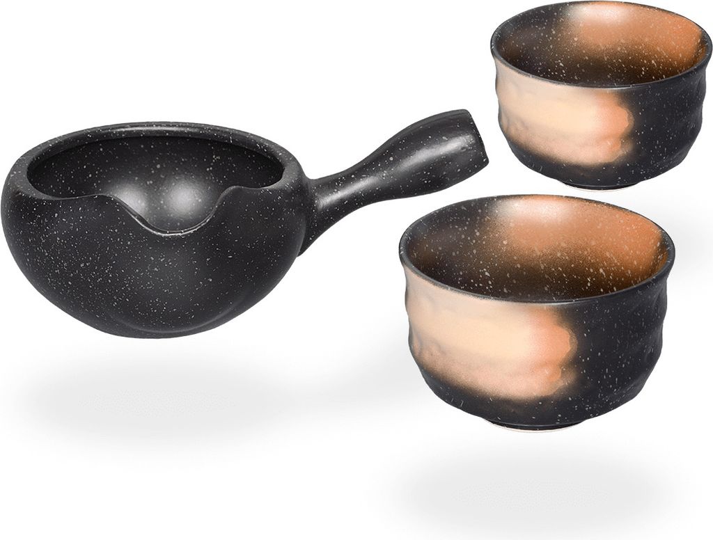 Matcha Set / Matchaset für zwei, Anschlagschale 450ml mit 2 Trinkschalen anthrazit, handbemalt