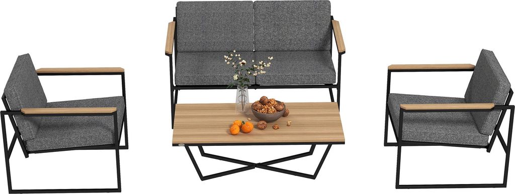 Gartenmöbel Set 4 Personen wetterfest Balkonmöbel-Set mit 2er Sofa, 2 Stühle Sitzkissen Beistelltisch Grau
