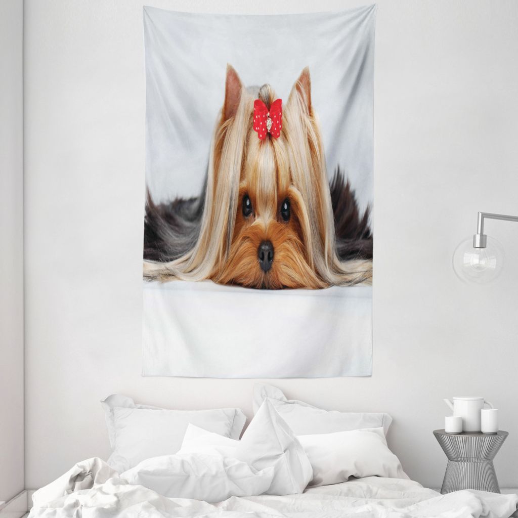 ABAKUHAUS Yorkie Wandteppich und Tagesdecke, Liegender Hund Ribbon Liebe aus Weiches Mikrofaser Stoff Waschbar ohne Verblassen Digitaldruck, 140 x ...