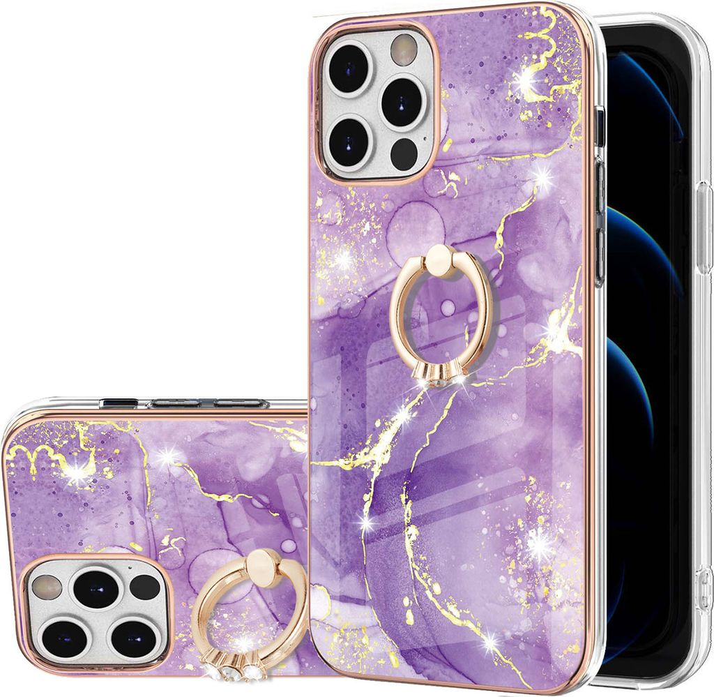 iPhone 12 Pro Max Marmor Handyhülle mit 360 Grad Ring Ständer Ultra Dünn Soft TPU Bumper Anti-kratzt Schutzhülle für iPhone 12 Pro Max Violett