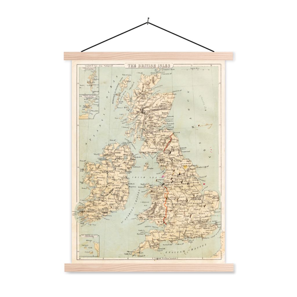 MuchoWow Textilposter Altmodische Karte von England 120x160 cm mit holzfarbenen Rahmen - Plakatkarton