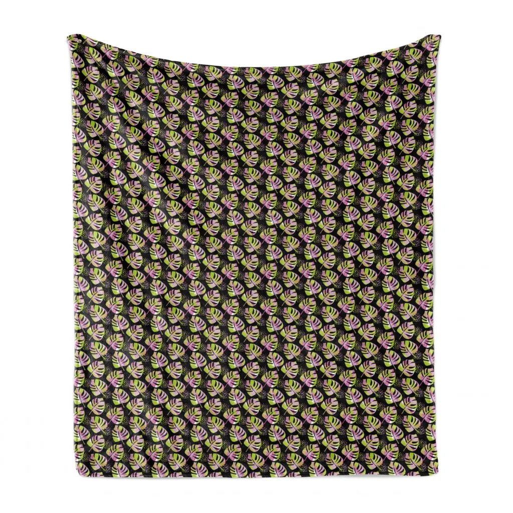 ABAKUHAUS Coperta in morbido pile di flanella tropicale, foglie di monstera della foresta, soffice peluche per interni ed esterni, 125 x 175 cm, grigio antracite e bianco