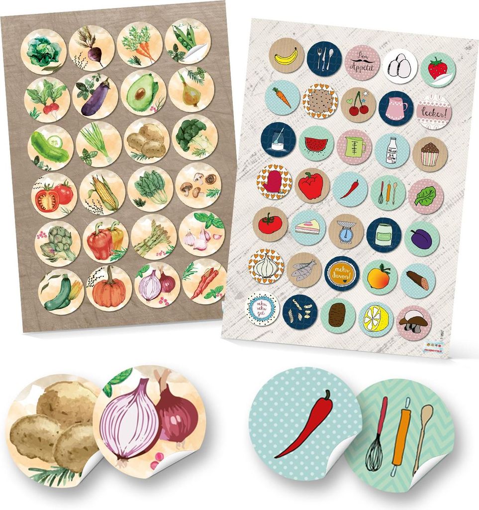 24 + 35 runde Aufkleber Küche Essen Lebensmittel Ernährung Sticker selbstklebend Deko Etiketten Kinderaufkleber basteln Scrapbooken