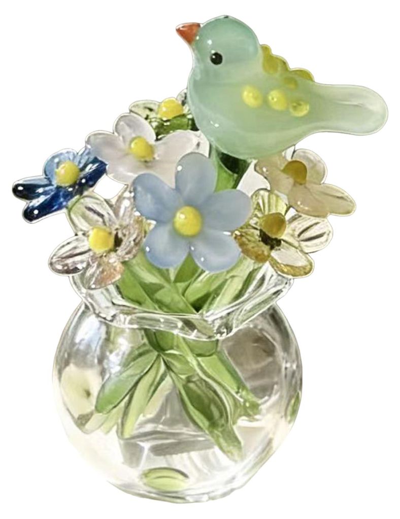Miniatur-Glasblumenfigur, kleiner handgeblasener Kunstkristall-Blumenstrauß in Vase mit Schmetterling/Vogel/Biene, Sammlerstück, Tischdekoration ...
