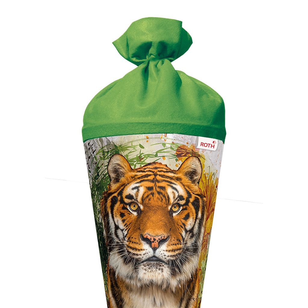 Roth Schultüte Tiger, 35 cm, rund, orangefarbiger Tüllverschluss, Zuckertüte für Schulanfang