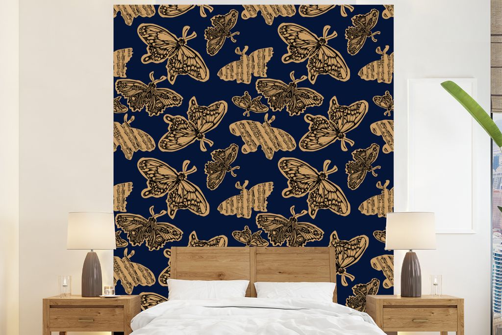 MuchoWow Fototapete für Wohnzimmer oder Schlafzimmer Wandtapete Vinyl Motivtapete Muster - Musik - Schmetterlinge - 210x260 cm - Wand Tapete