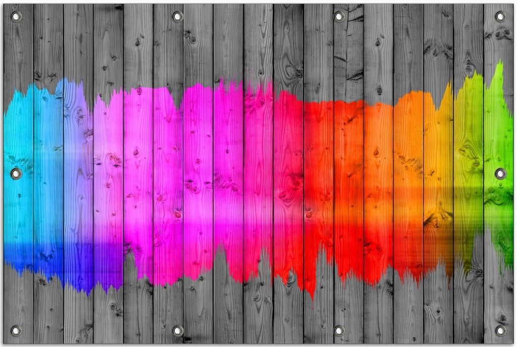 Wallario Outdoor-Poster für Garten oder Balkon, Motiv Holzpaneel - Bemaltes buntes Holz, in ca. 80 x 120 cm