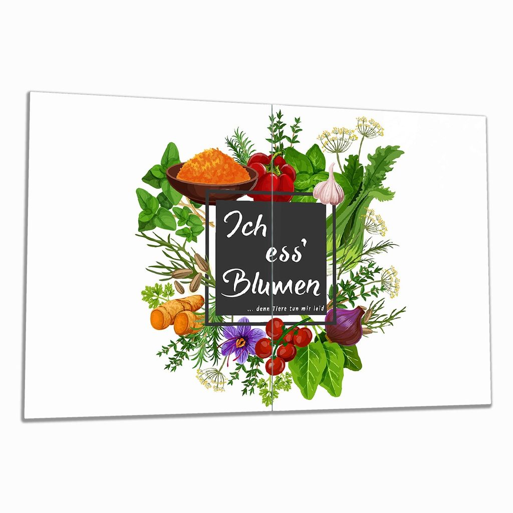 Wallario Herdabdeckplatte aus Glas, Größe 80 x 52 cm 2-teilig, Motiv Ich ess Blumen - Gemüse und Kräuter