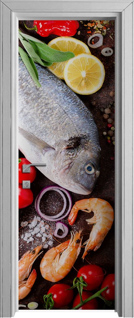 Tür Selbstklebende 70x210 cm Türfolie Türtapete Klebefolie - Fisch Shrimps mit Kräutern