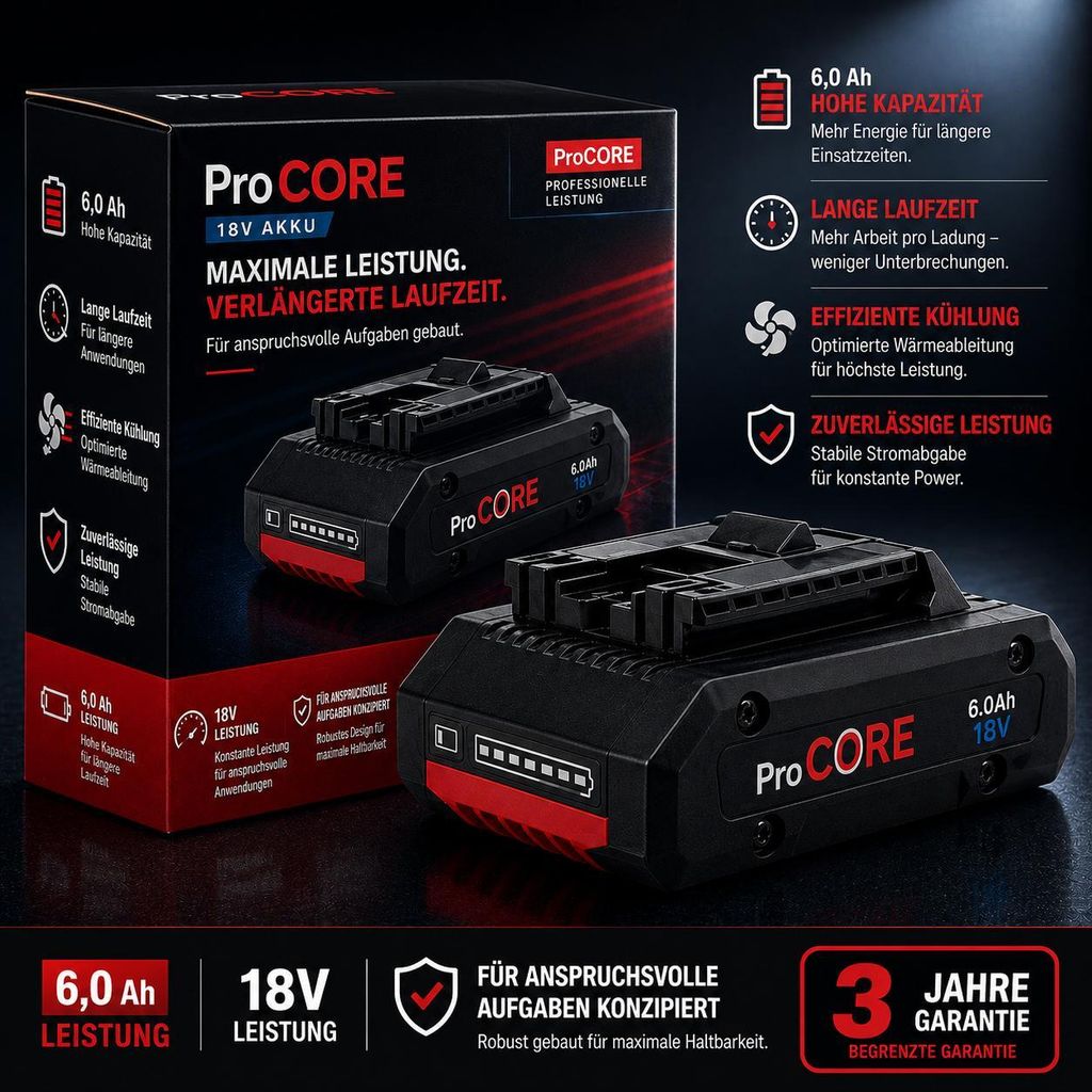 Ersatz Akku 18V 6,0Ah kompatibel mit Bosch Professional ProCORE 18V – Li-Ion Hochleistungsakku Ersatz für GBA & ProCORE Serie mit LED Anzeige