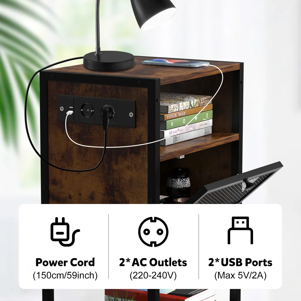 Supfine Table de Nuit avec Tiroirs et Prises USB Intégrées Brun Rustique - 3