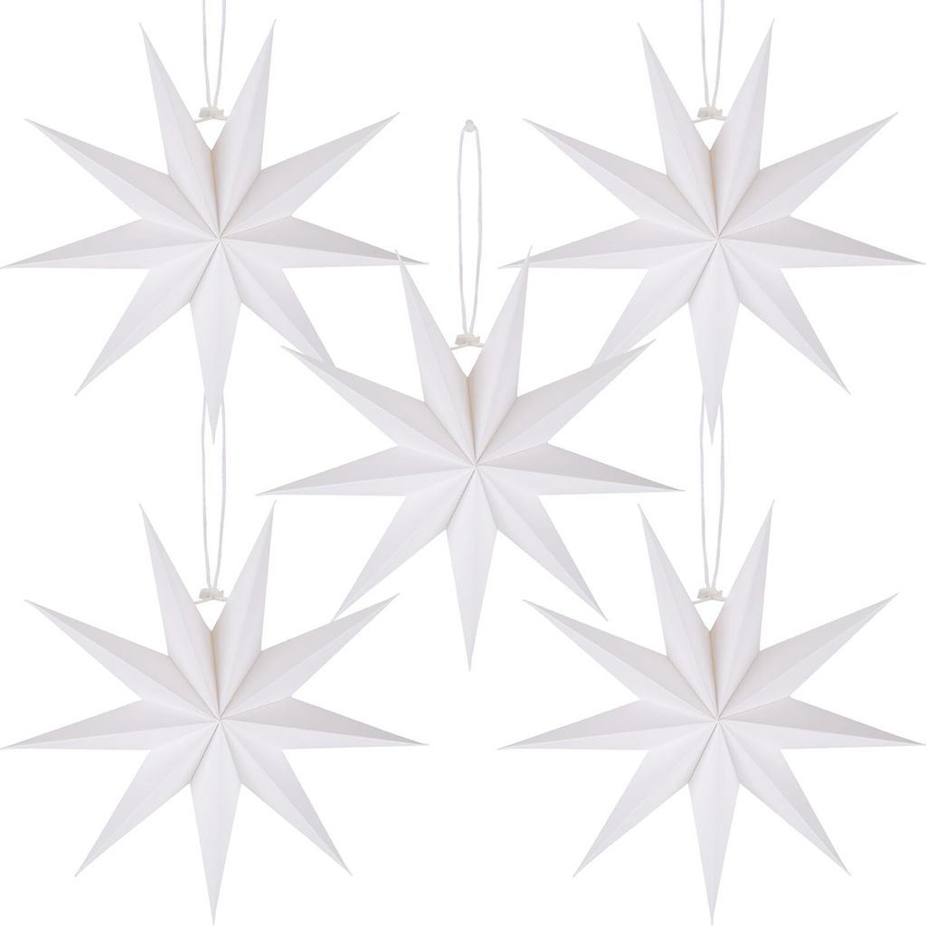 5x Weihnachts-Papiersterne 30 cm, 9 Zacken, Faltsterne zum Aufhängen, Beige Deko für Tisch, Zimmer & Hochzeit, Weiß