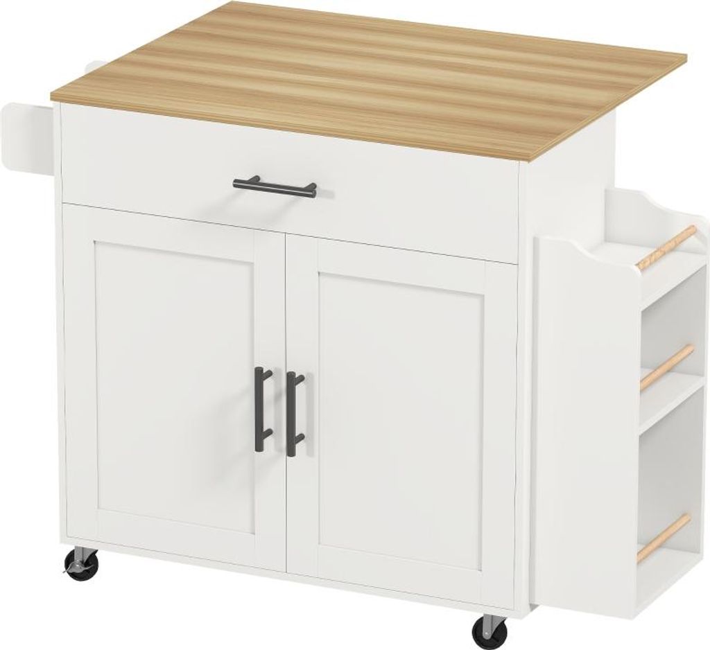 Kücheninsel, rollbarer Küchenwagen mit klappbarer Arbeitsplatte, Schublade und Ablage, 120 x 68 x 85 cm, weiß