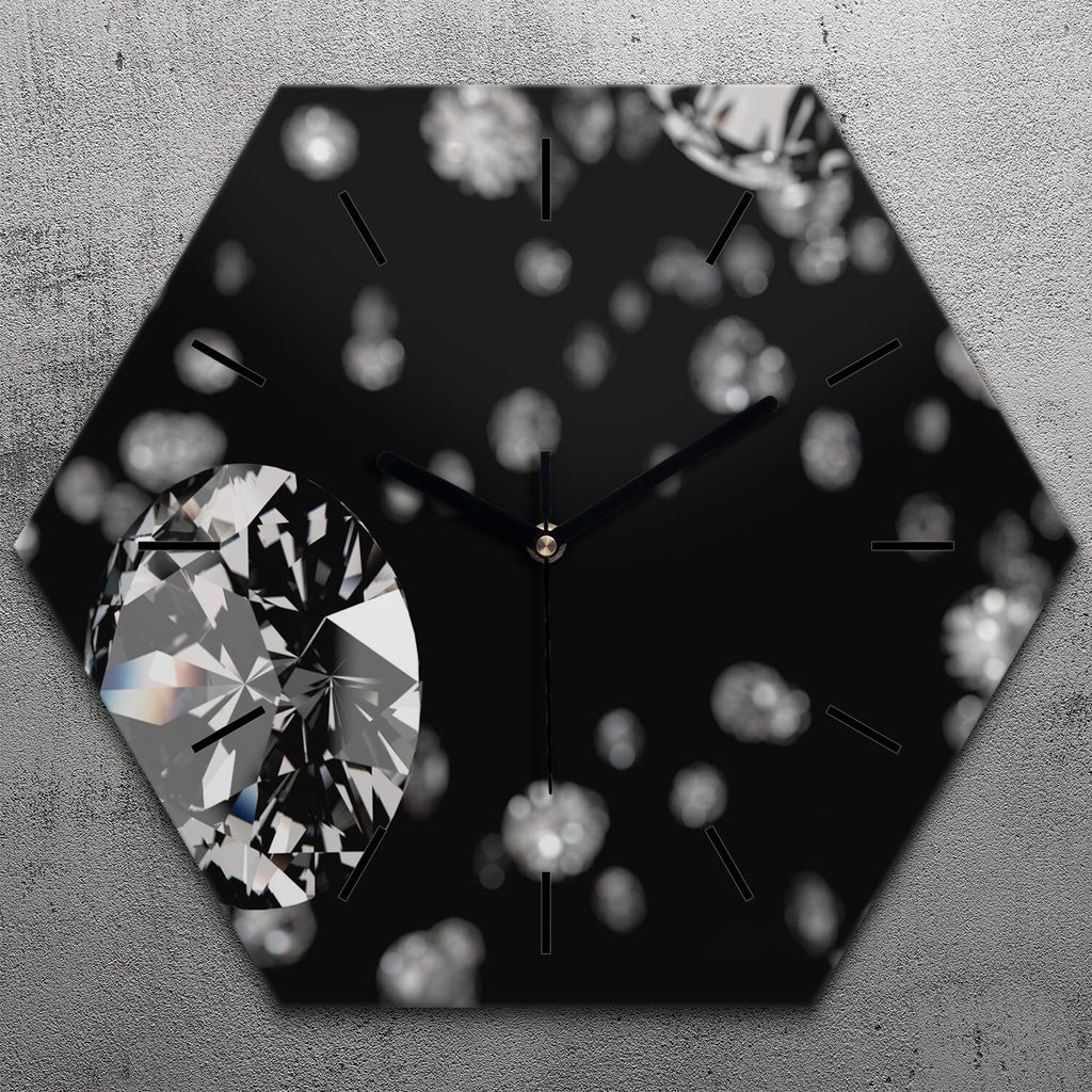 Uhr hexagonal 40 cm Glas Geräuschlos schwarze Zeiger - Diamanten Edelsteine