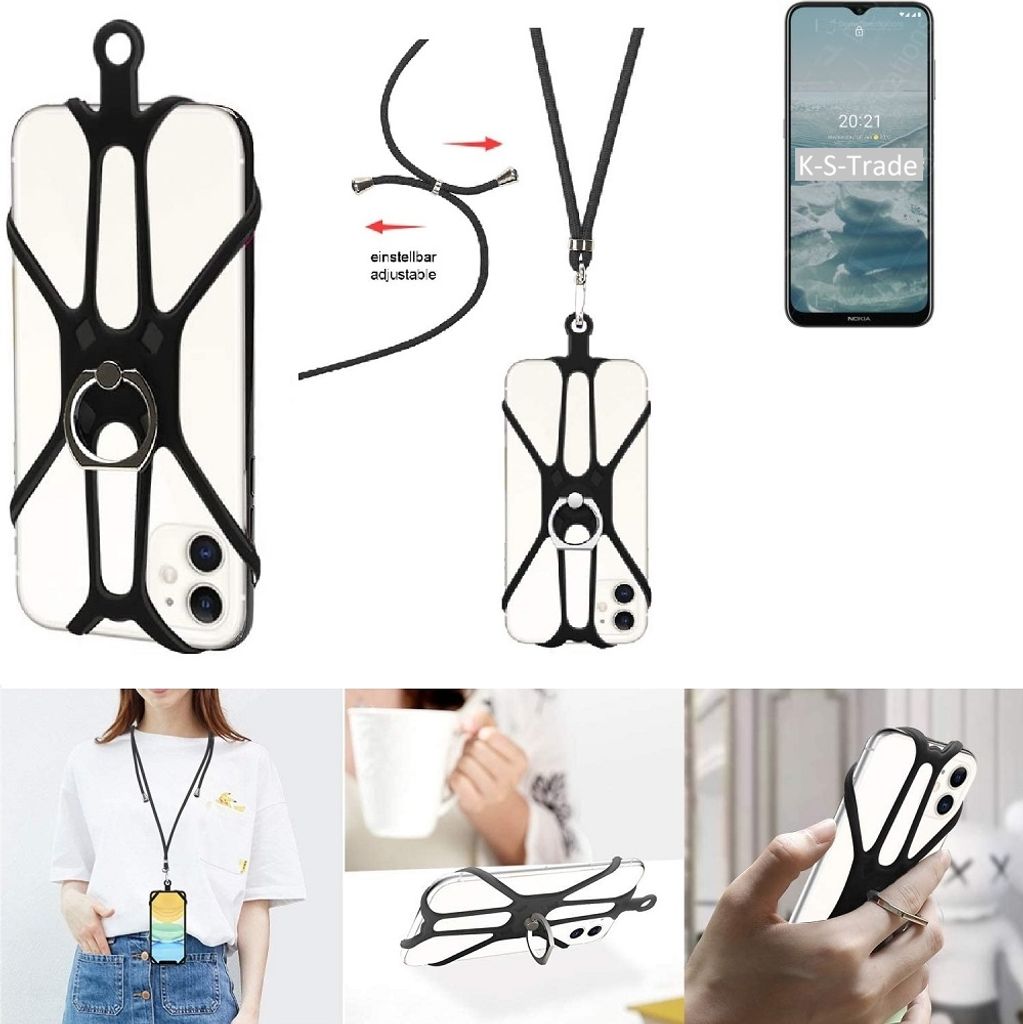 K-S-Trade 3in1 Handykette Handyband Handykordel Halsband Smartphone-Ring Handy-Ring kompatibel mit Nokia G20 Fingerhalterung Handyring Tischständer