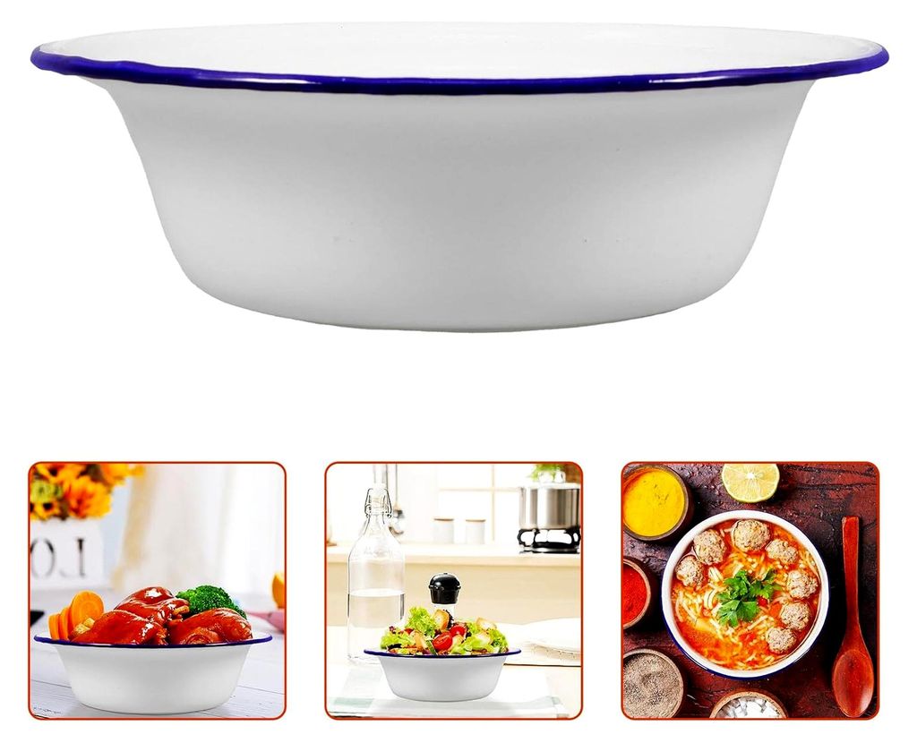 Vintage Emaille Schüssel 22 cm - Emaillierte Küchenschüssel mit großem Fassungsvermögen für Obst und Suppen - Weiße, glatte Oberfläche, vie...