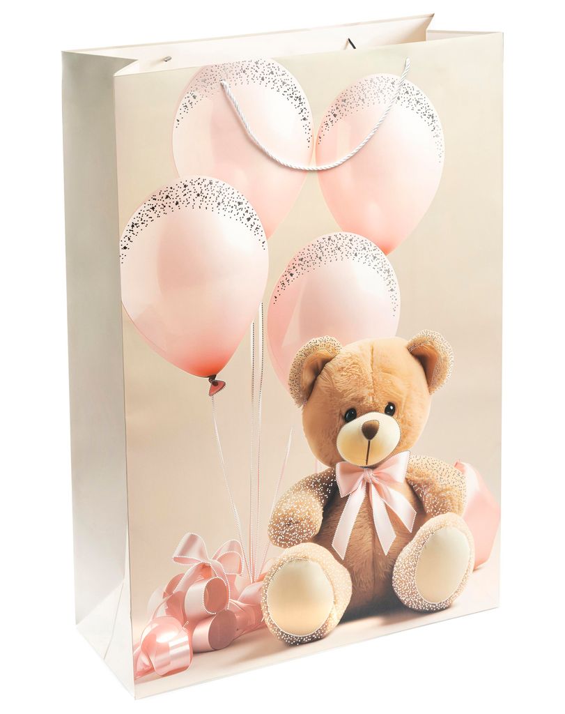 Dekorative Geschenktüten 50 x 70 x 20 cm zum Geburtstag - ECRU mit Teddybär