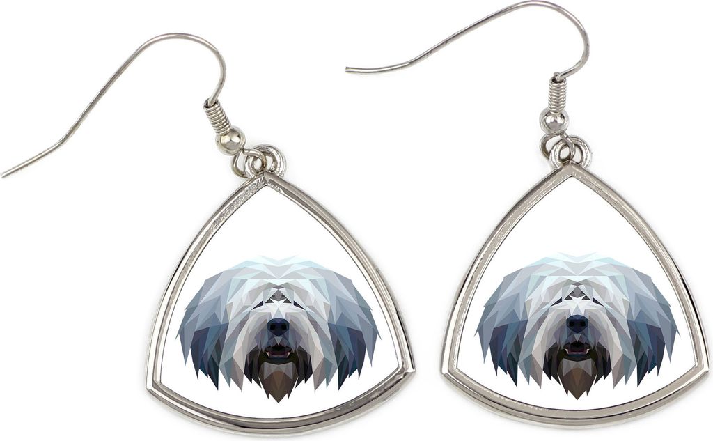 Polnischer Niederungshütehund, PON - Ohrringe mit einem Bild und dem Schriftzug "Geometrischer Hund" von Art-Dog
