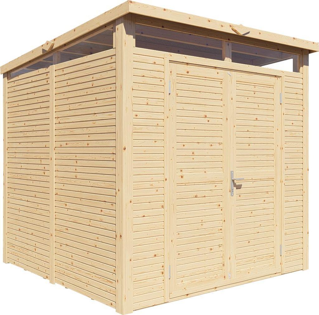 WOODTEX Naturbelassen 226 x 234 cm Gartenhaus Pentos, Rhombusprofil 18 mm Fichtenholz, Pultdach Massivholz, Mit Doppeltuer Und Fenstern, Elementbau...