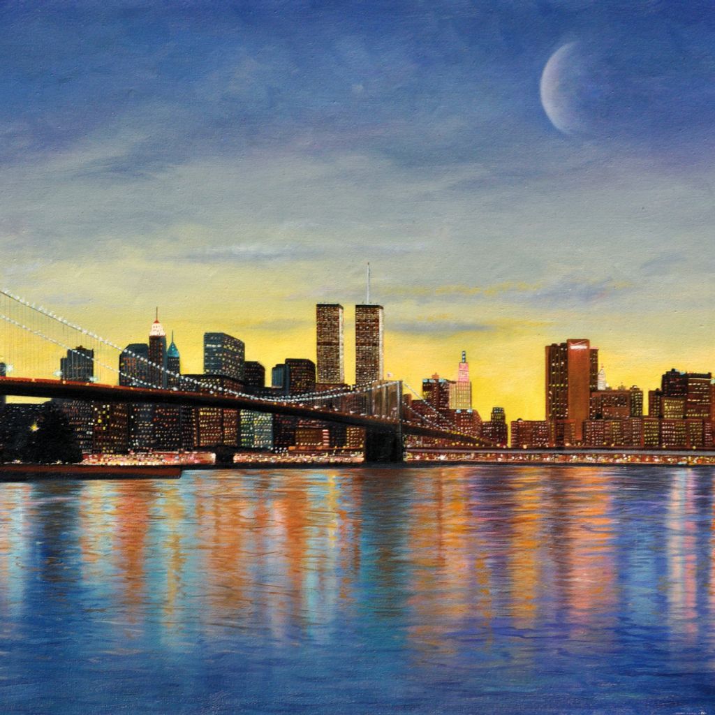 New York Kunstdruck Bild - Brooklyn Bridge Bei Morgenröte Mit Skyline (100 x 100 cm)