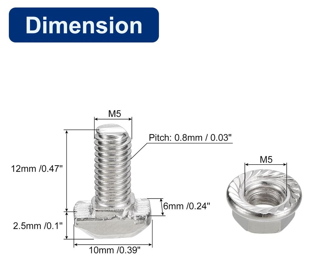 M5x12mm T-Nut und M5 Sechskantflanschmuttern-Set fš¹r T-Nut, 20 Sets Hammerkopf-T-Bolzen T-Form-Stud-Schiebeschraube fš¹r 20er Aluminiumprofil
