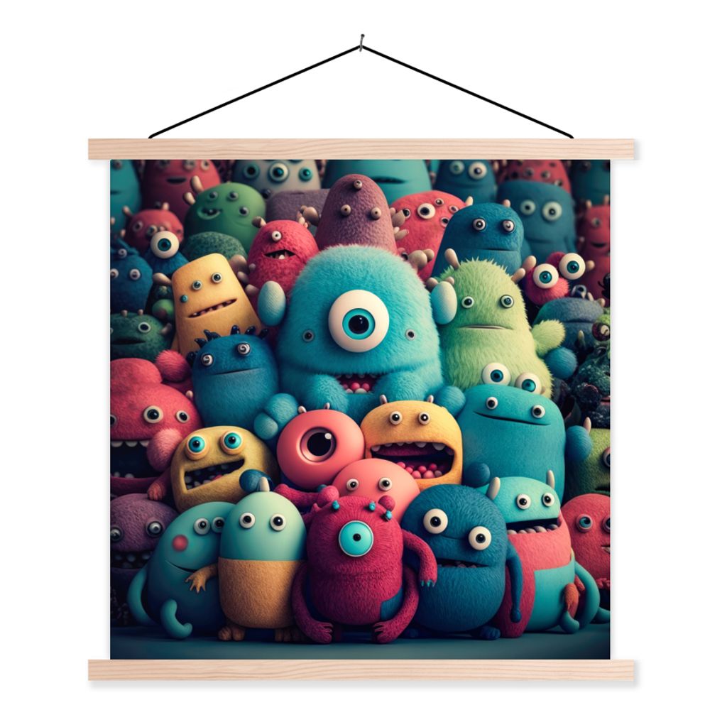 MuchoWow Textilposter Kinder - Monster - Regenbogen - Design - Mädchen - Jungen 120x120 cm mit holzfarbenen Rahmen - Textil-Poster
