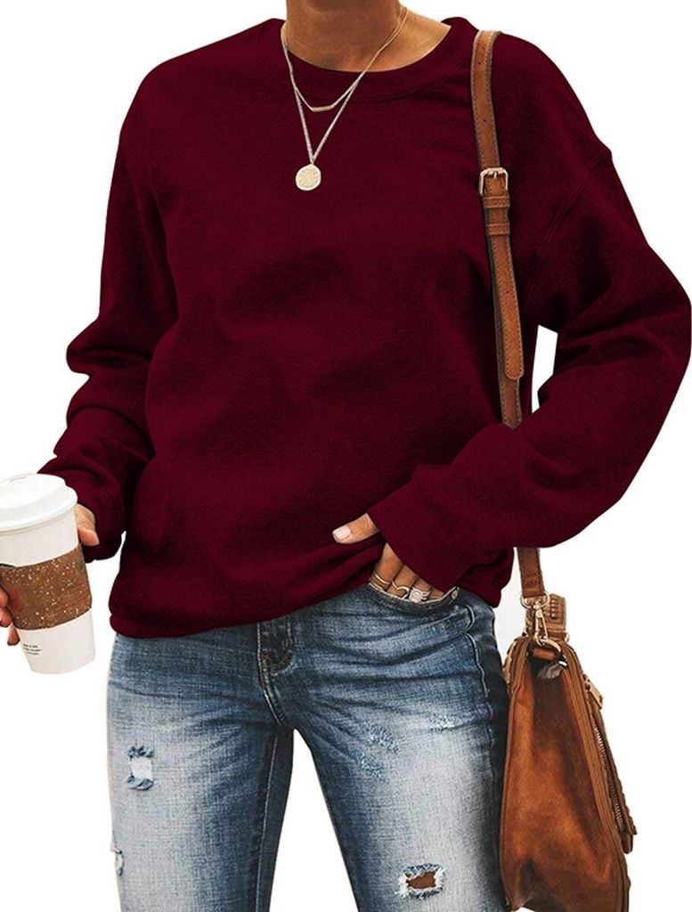 ASKSA Damen Pullover Rundhals Einfarbige Sweatshirt Herbst Winter Langarmshirt Casual Lose Oberteile, Rotwein, S