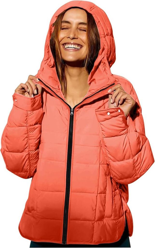 ASKSA Damen Steppjacke Leicht Kurz Kapuze Wintermantel Daunenjacke Jacke Laessig Outdoorjacke mit Taschen (Orange,XL)