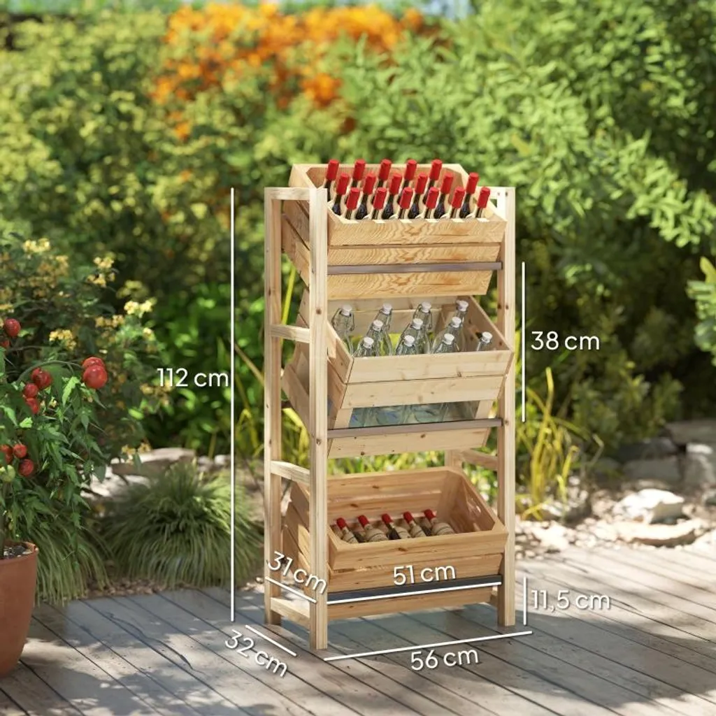 Fortuna Lai Scaffale per 3 casse di bevande Scaffale per bevande in legno Scaffale a 3 ripiani indipendente Supporto per casse di bevande con portata 150 kg Scaffale per birra, acqua 56 x 32 x 112 cm Legno naturale - 3
