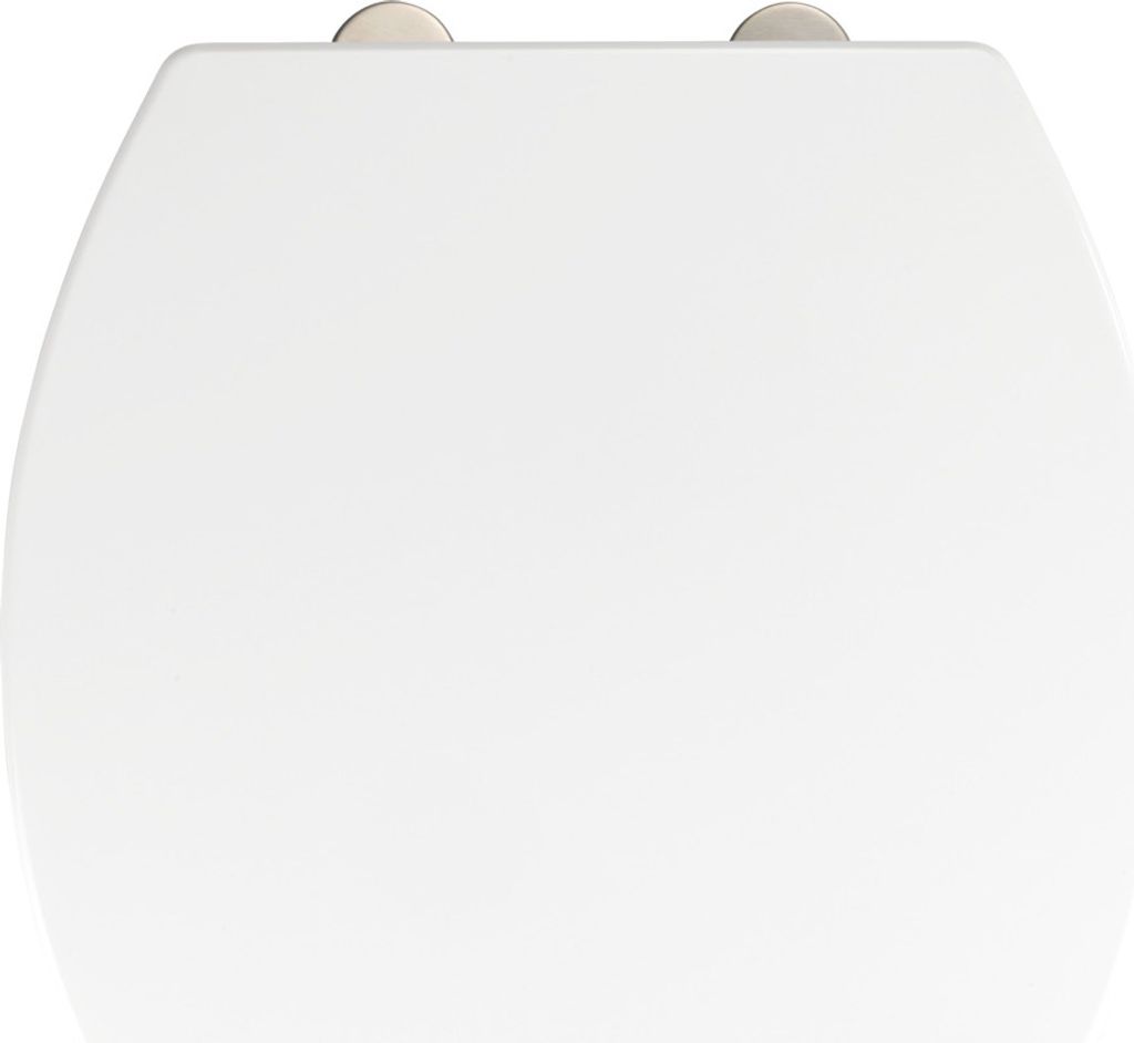 A top-down view of a white toilet seat with silver hinges.