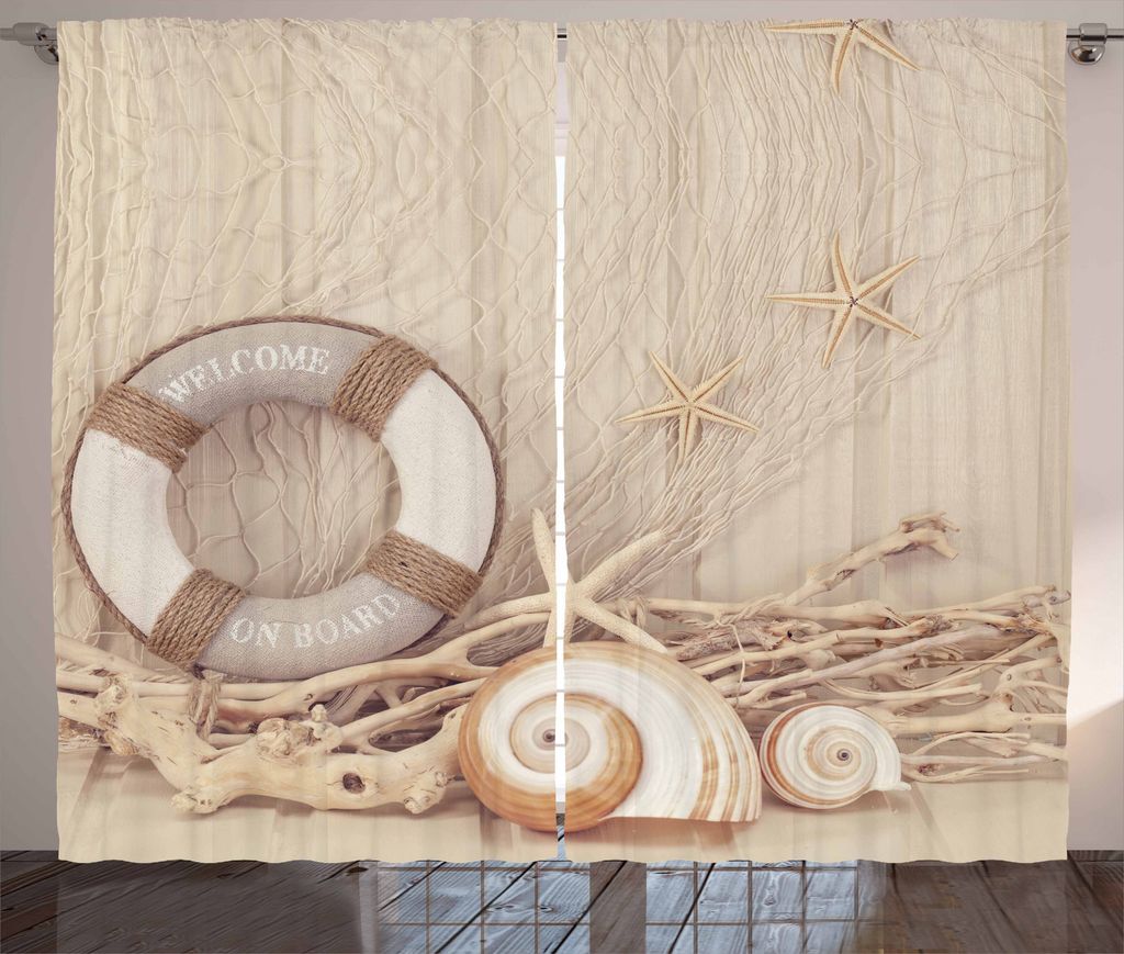 ABAKUHAUS Urlaub Rustikaler Gardine, Life Buoy Holz Sepia, Schlafzimmer Kräuselband Vorhang mit Schlaufen und Haken, 280 x 175 cm, Tan Beige Weiß