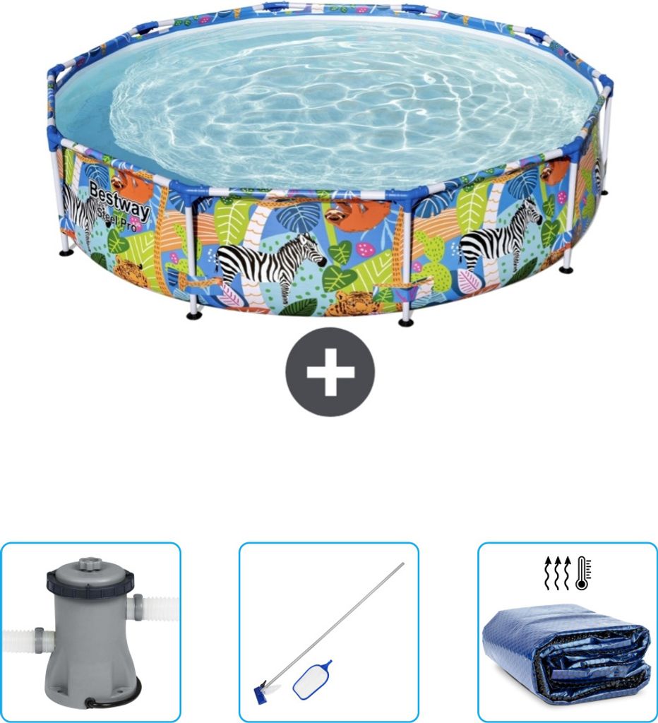 Bestway Round Steel Pro-Schwimmbecken – 305 x 66 cm – Dschungel-Druck – im Lieferumfang enthalten Pumpe - Reinigungskit - Sonnensegel