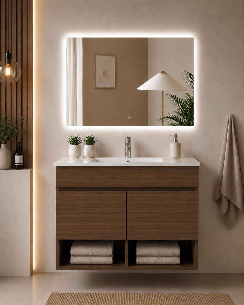 ORIGEN BATH NEBARI Hänge-Badmöbel mit Waschbecken 90x45 cm, Tea-Esche