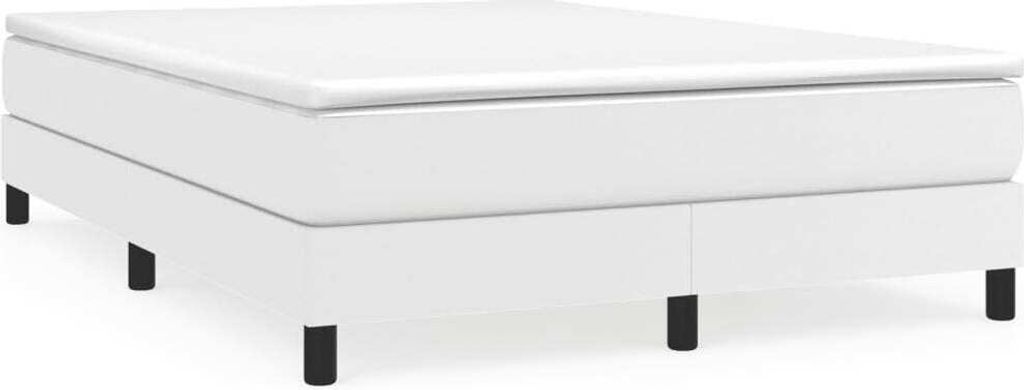 A white bed frame with a mattress on top, seen from a side-front angle.