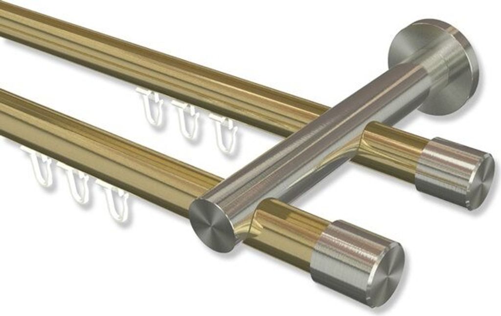 Interdeco Innenlaufstange, Gardinenstange mit Innenlauf Messing-Optik / Edelstahl-Optik Modell Platon Santo, 20 mm Ø 2-läufig, 240 cm