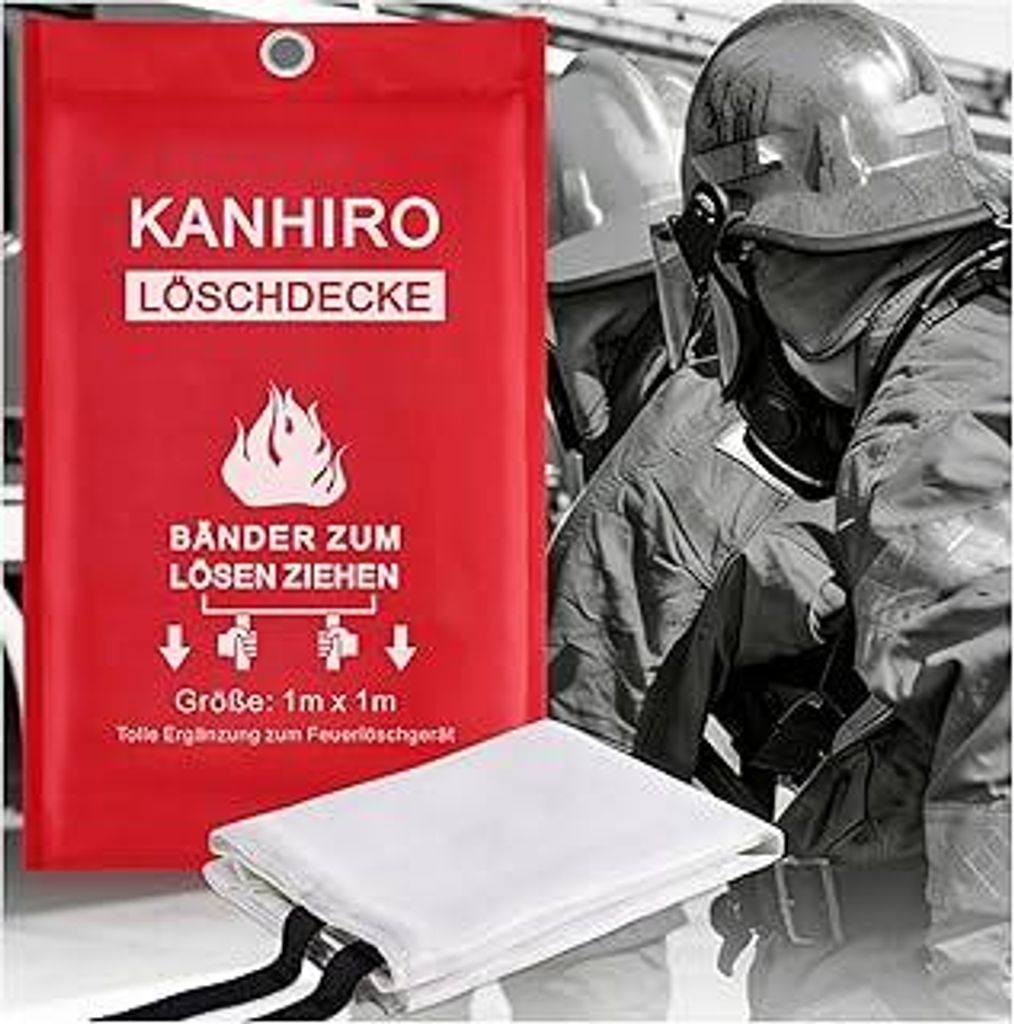 kanhiro Löschdecke Küche Feuerlöschdecke - 1m x 1m Glasfaser Brandschutzdecke DIN EN 1869:2019 Retardant Decken für versehentliches Sicherheits...