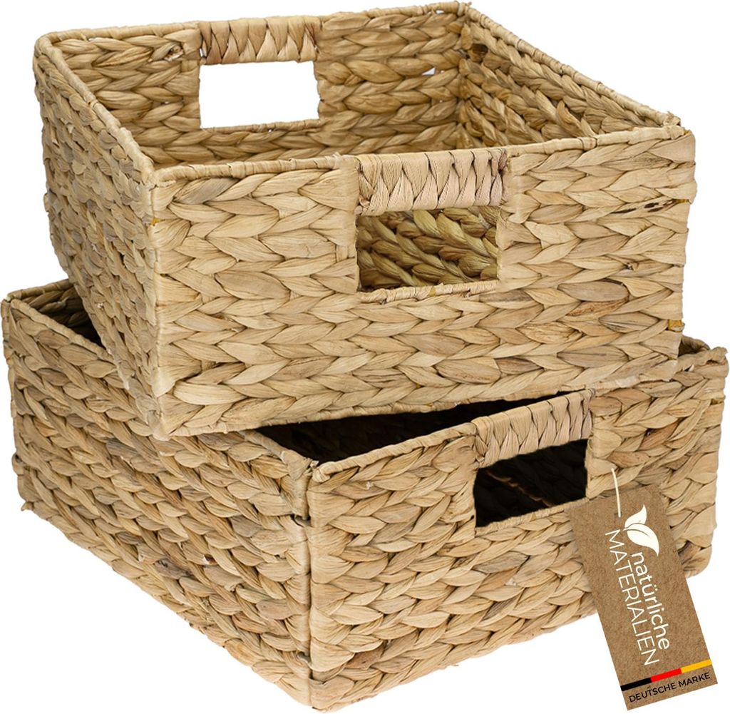 HMF Aufbewahrungskorb passend für KALLAX halbes Fach, Korb geflochten aus Wasserhyazinthe mit Griffen, 2er Set, 30 x 34 x 15 cm, Natur