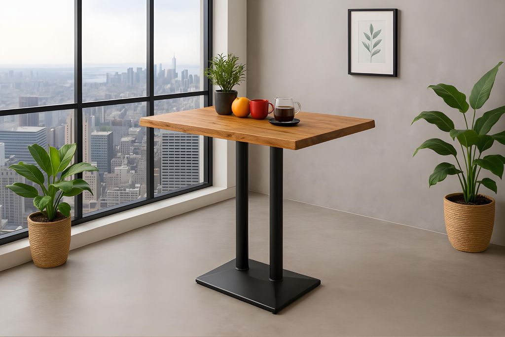 Bistrotisch Baumkante 120 x 60 cm massiv Mangoholz natur Doppel-Säulengestell schwarz IAN