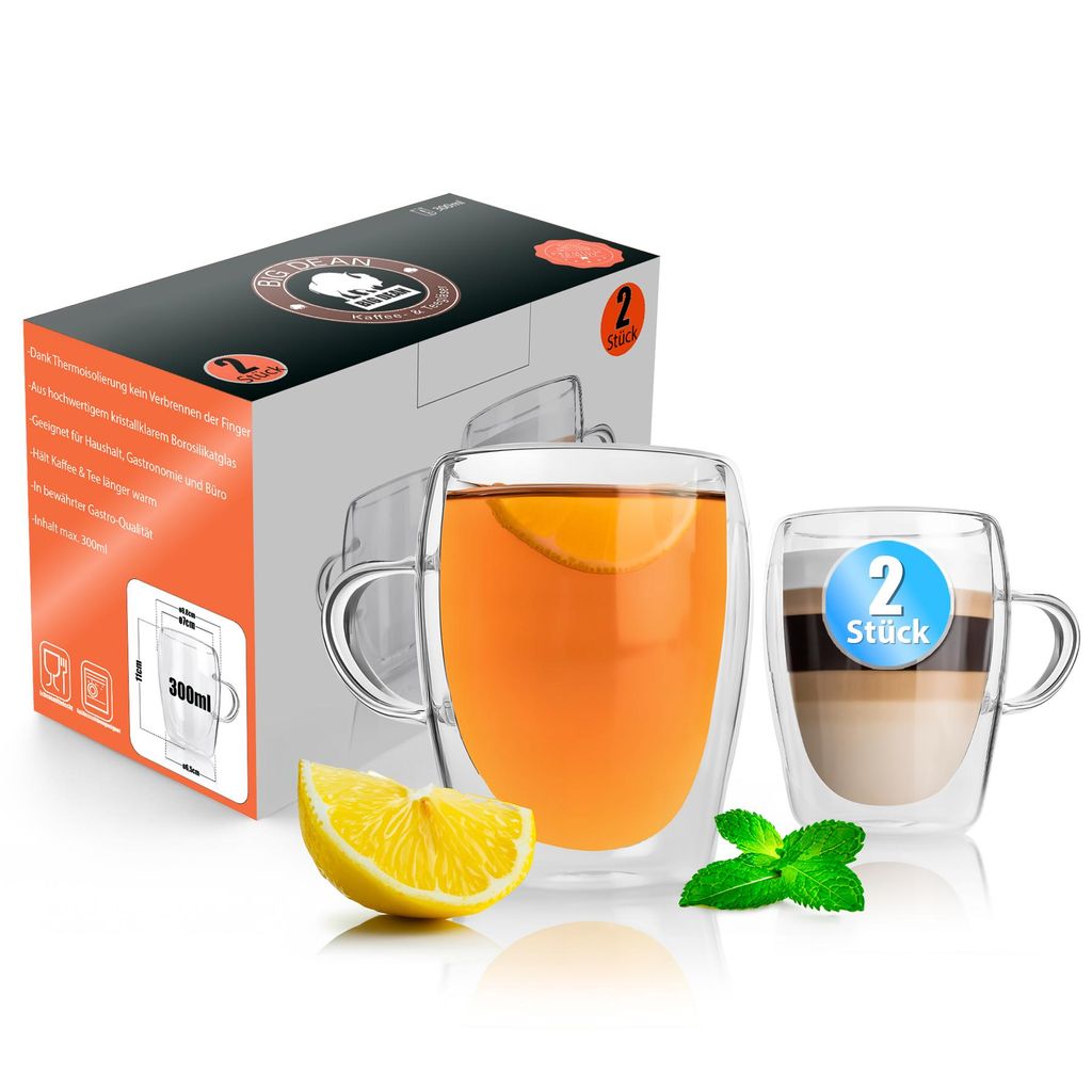 BigDean 2 Stück doppelwandige Latte Macchiato Gläser mit Henkel 300 ml – hochwertige Teegläser in Geschenkverpackung