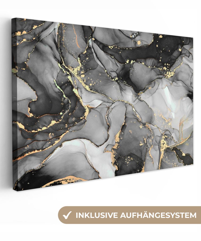 MuchoWow - Leinwandbilder - Marmor - Schwarz - Gold - Grau, Wandbild, Wanddeko Bilder Wohnzimmer, 30x20 cm