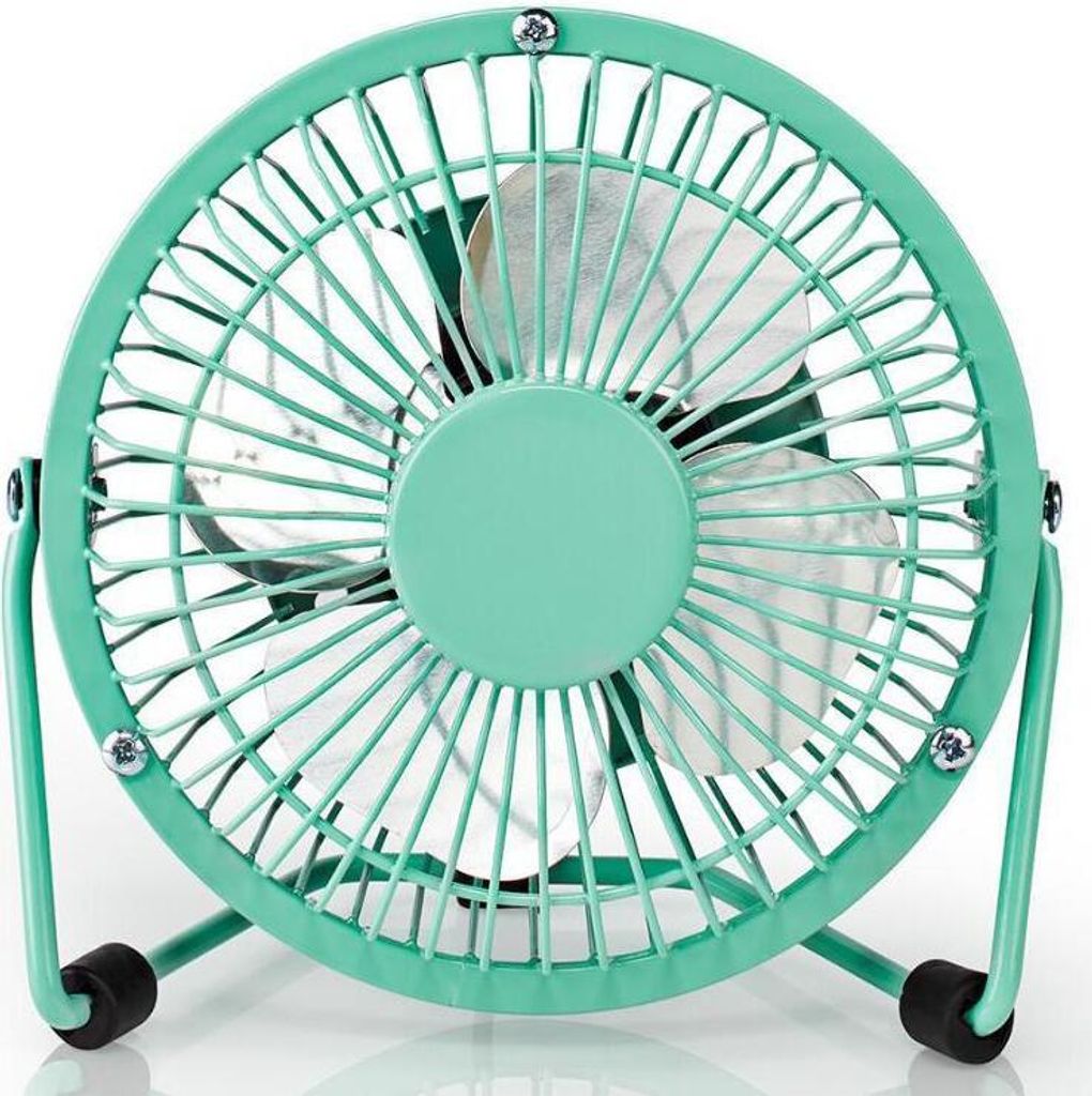 A teal-colored desktop fan with a metal grill.